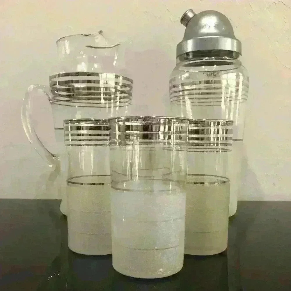 MCM West Virginia Glass Silver Nip Frost Ringed Cocktail Shaker/Pitcher/Glasses